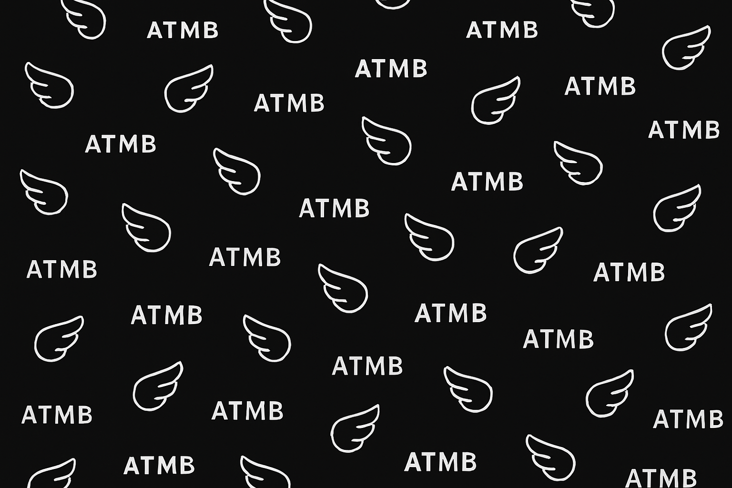 generate the new iphone wing emoji all over on a black background page but let the wing just be the outline and scatter it  with the text atmb  scattered all over to fill the page to and make it look even amount 